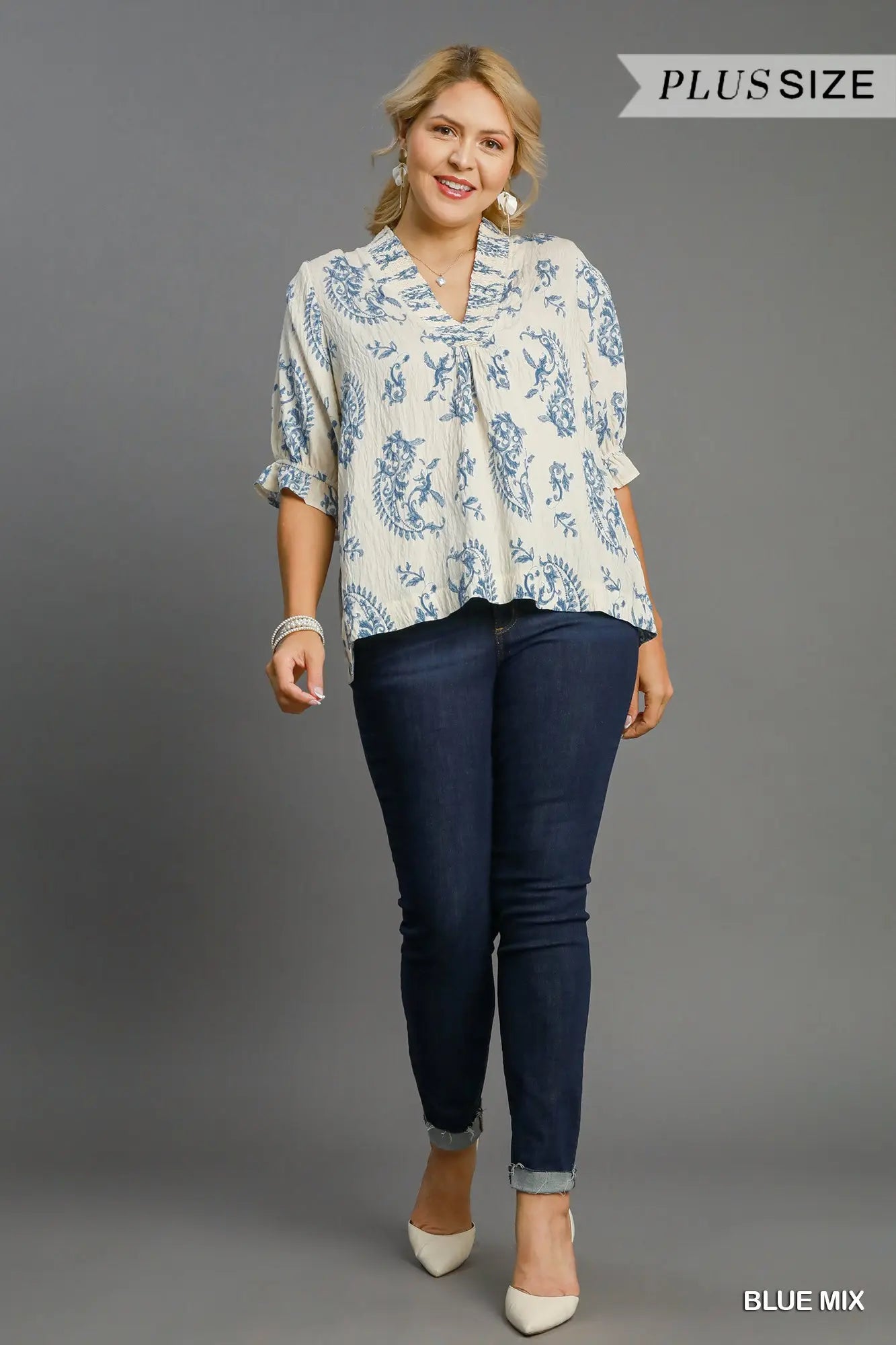 UMGEE Paisley Print V-Neck Top Blue Mix