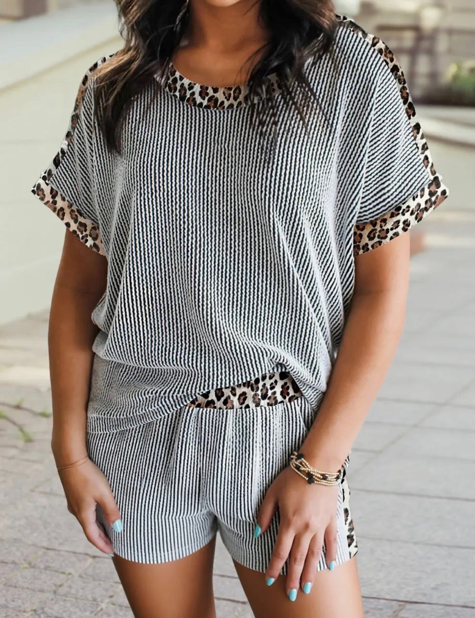 Light Grey Leopard Trim Twist Ribbed Short Set