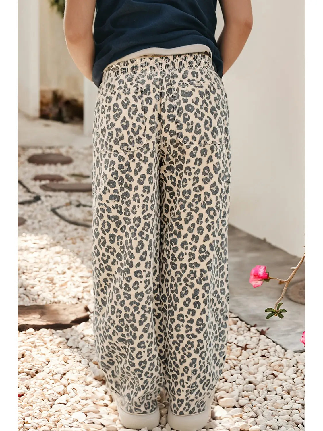 Leopard Drawstring Elastic Waist Pocketed Loose Denim Pants