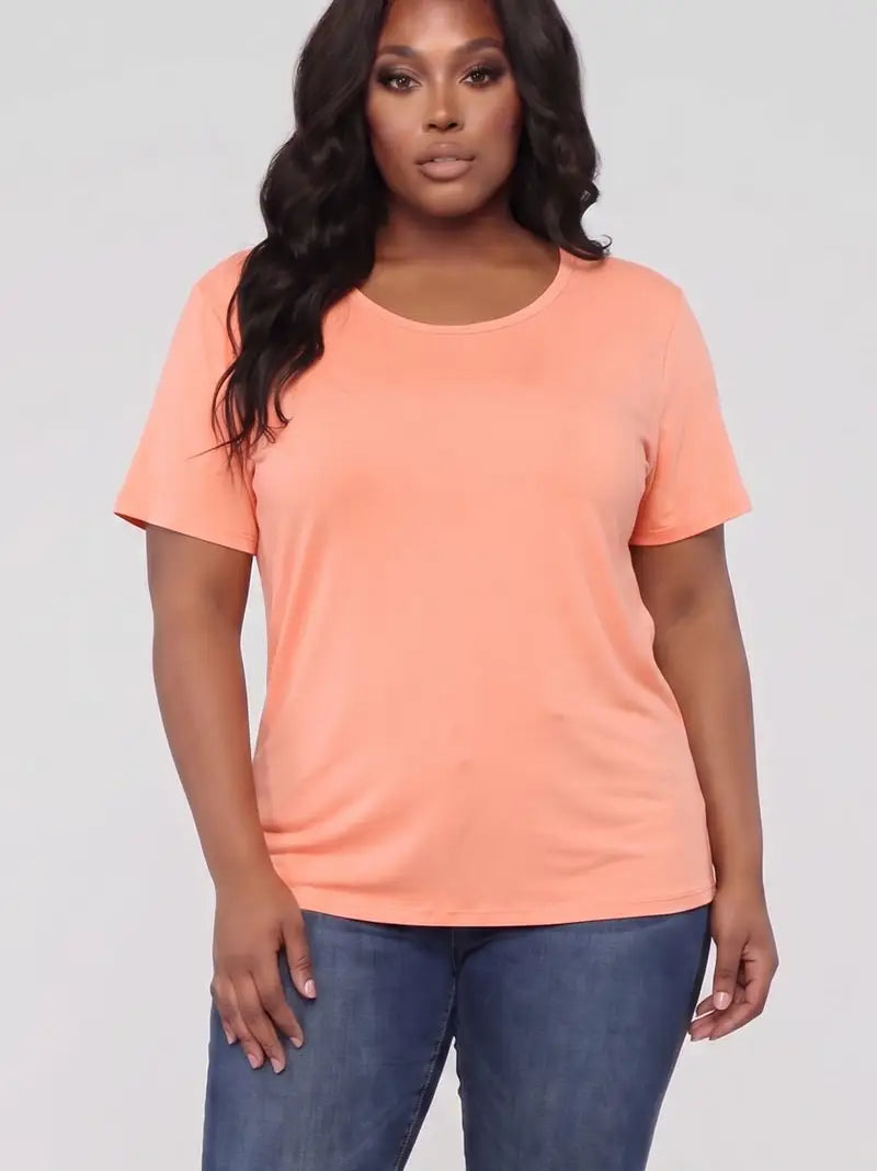 Plus Size Basic Short Sleeve T-Shirt- Flamingo