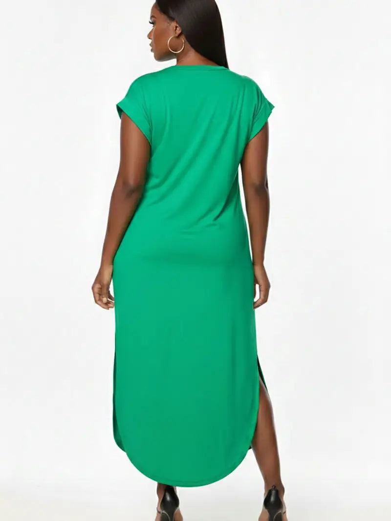 Plus Size Hidden Pocket Batwing Sleeve V Neck Long Dress