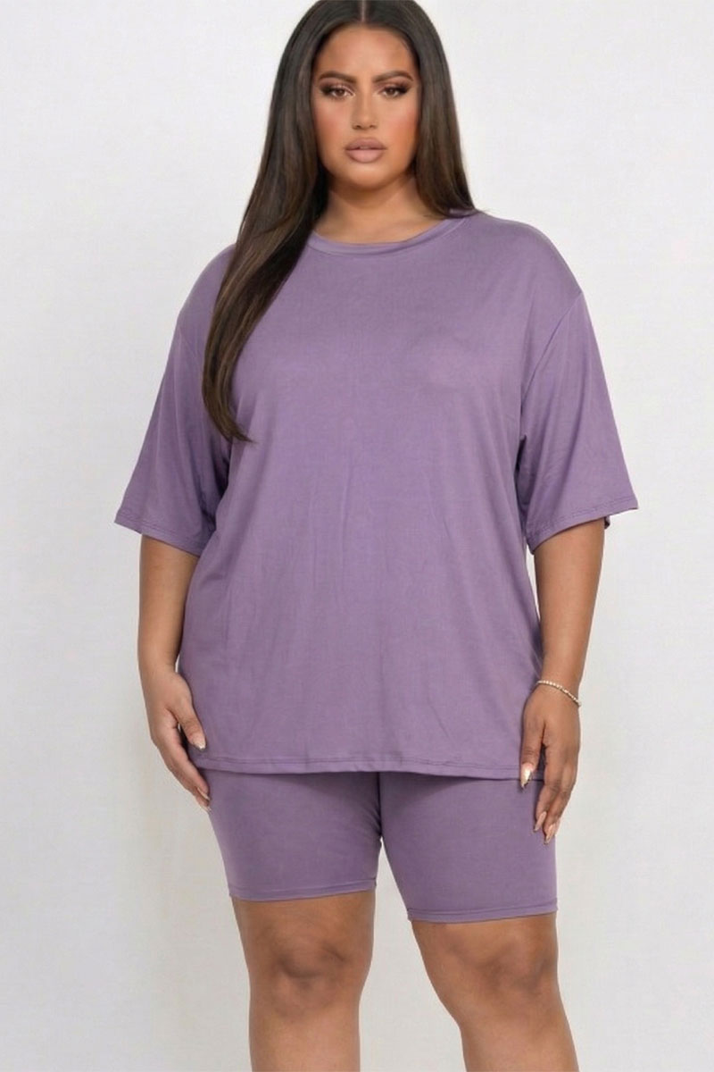 Plus Size Loose Fit Top & Bike Shorts Set--Grape