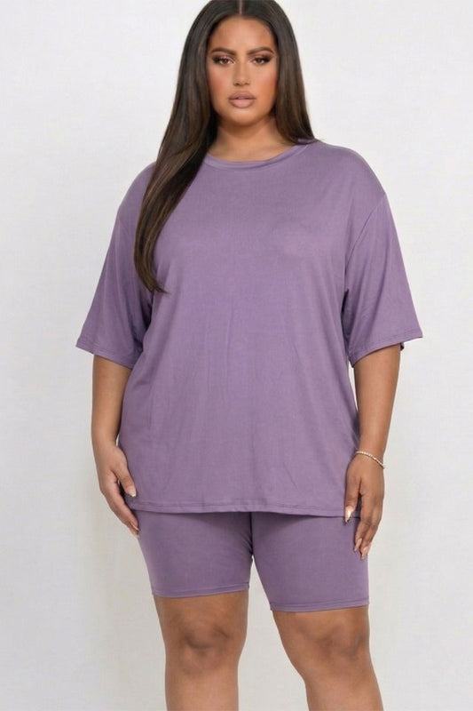Plus Size Loose Fit Top & Bike Shorts Set--Grape