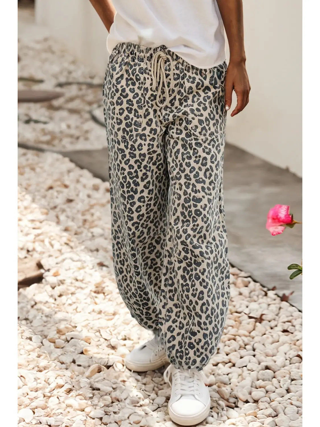 Leopard Drawstring Elastic Waist Pocketed Loose Denim Pants