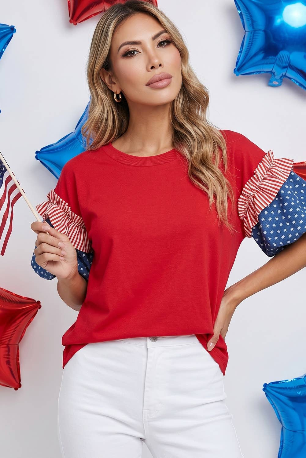 LDC 4th of July Stars Stripes Short Puff Sleeve Top| S-4X