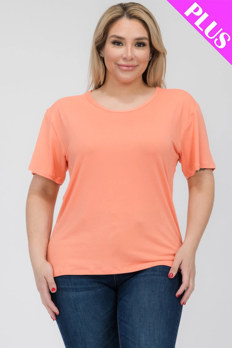 Plus Size Basic Short Sleeve T-Shirt- Flamingo