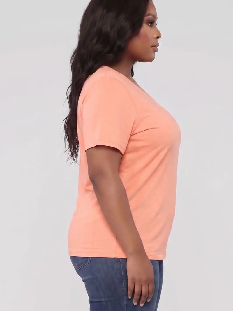 Plus Size Basic Short Sleeve T-Shirt- Flamingo