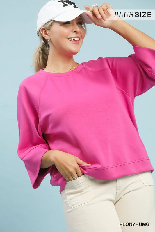 Umgee 3/4 Sleeved Raglan Sleeve Top Pink