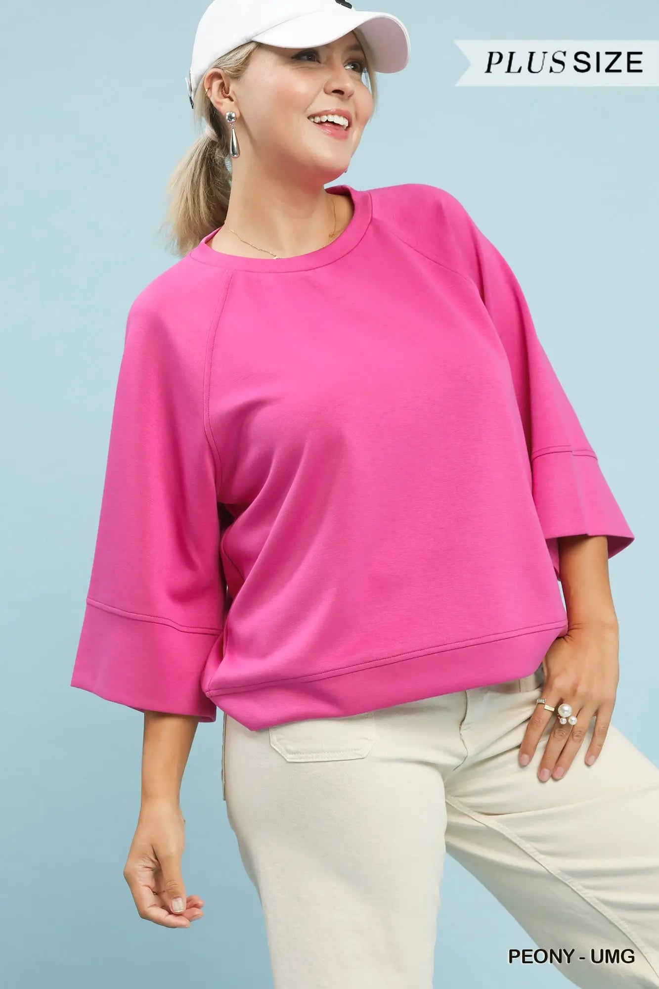 Umgee 3/4 Sleeved Raglan Sleeve Top Pink