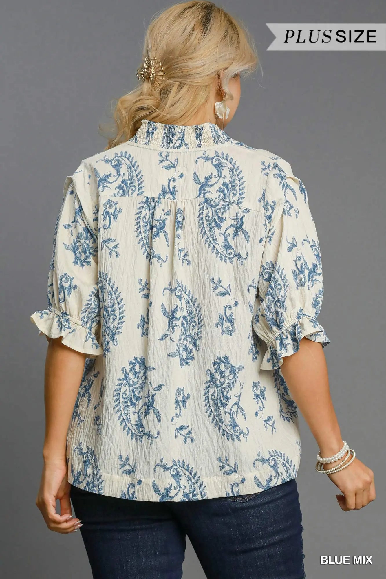 UMGEE Paisley Print V-Neck Top Blue Mix