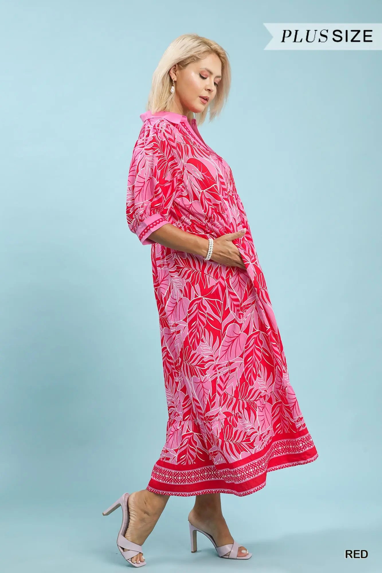 Umgee Leafy Border Print V-Neck Midi Dress RED