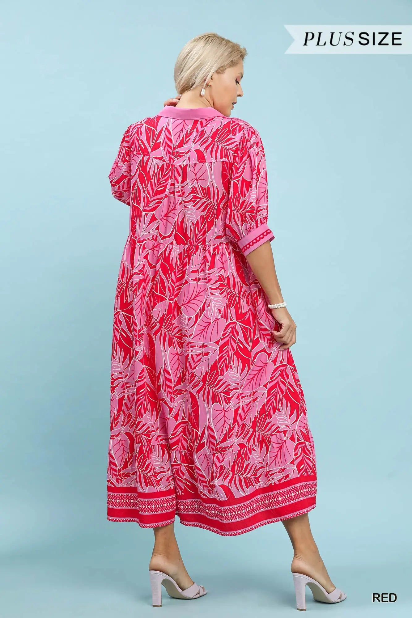Umgee Leafy Border Print V-Neck Midi Dress RED