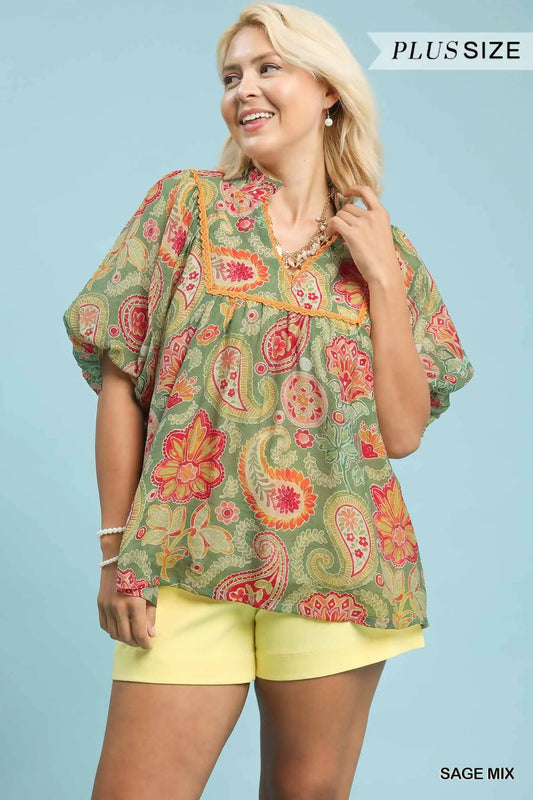 Umgee Mix Paisley Print Blouse with Puff Sleeves