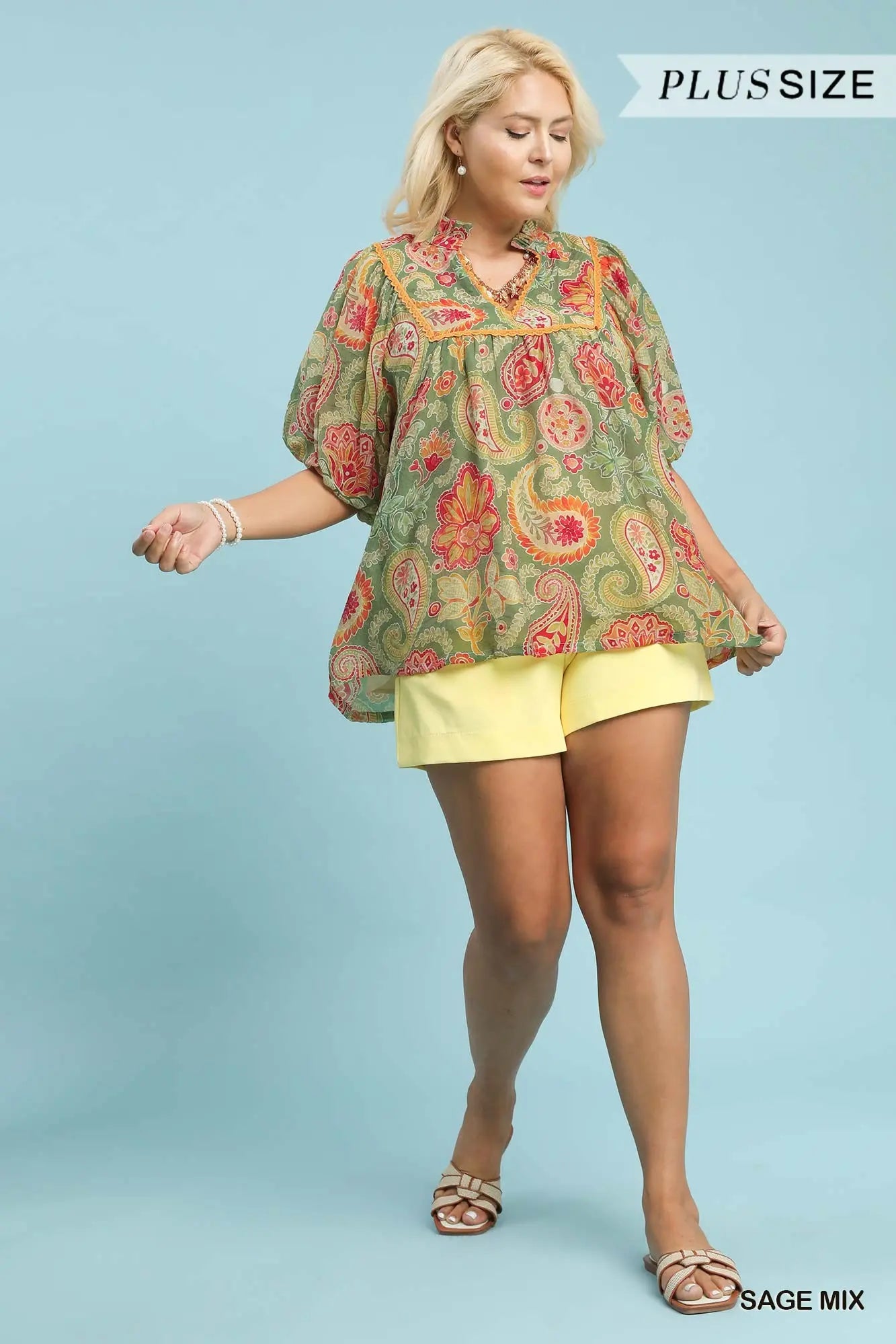 Umgee Mix Paisley Print Blouse with Puff Sleeves