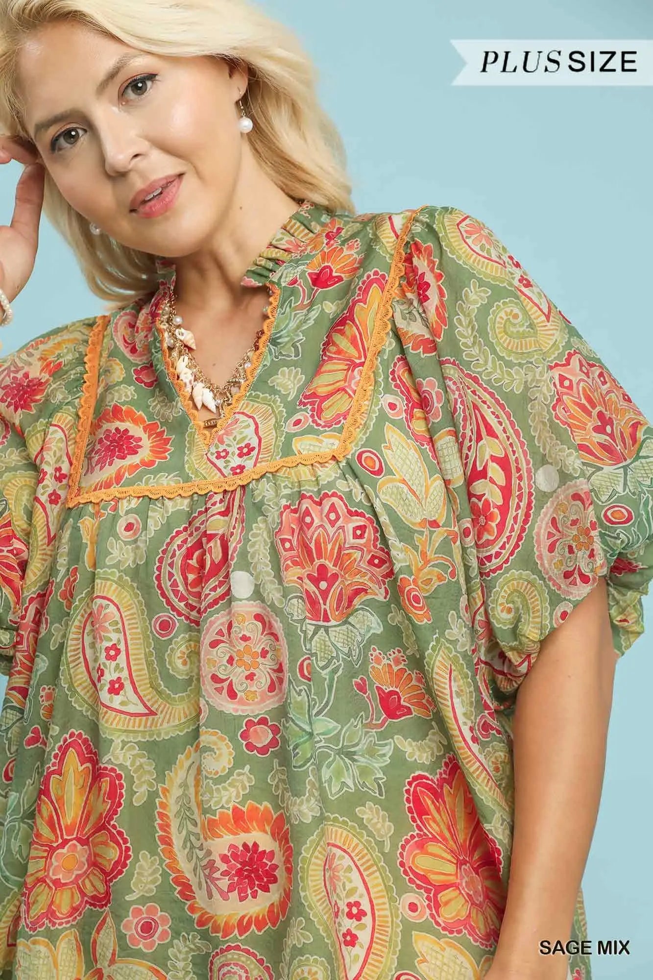 Umgee Mix Paisley Print Blouse with Puff Sleeves