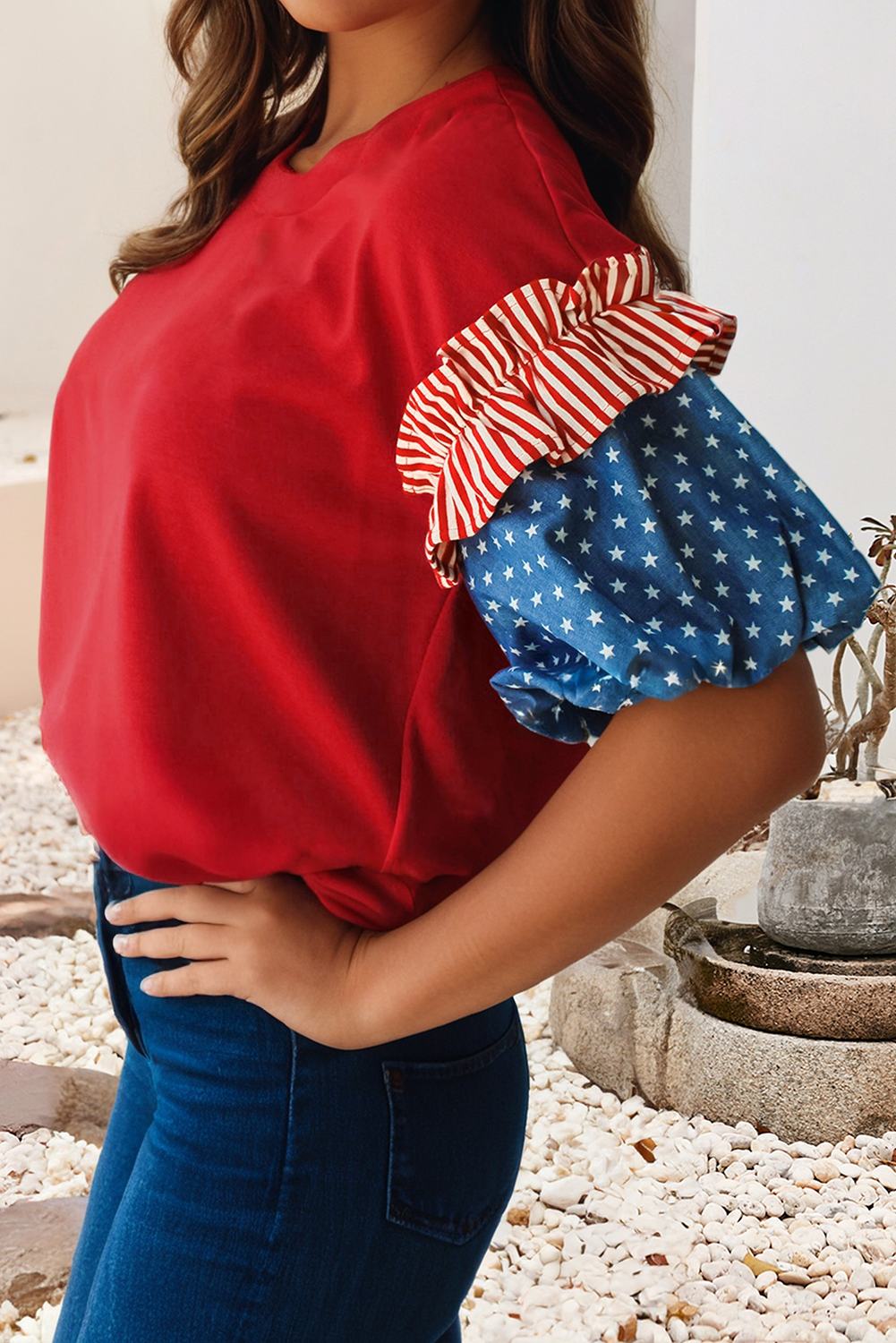 LDC 4th of July Stars Stripes Short Puff Sleeve Top| S-4X