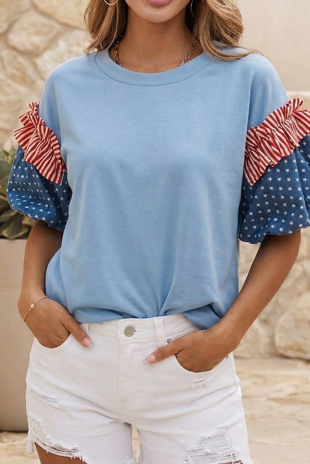LDC 4th of July Stars Stripes Short Puff Sleeve Top| S-4X