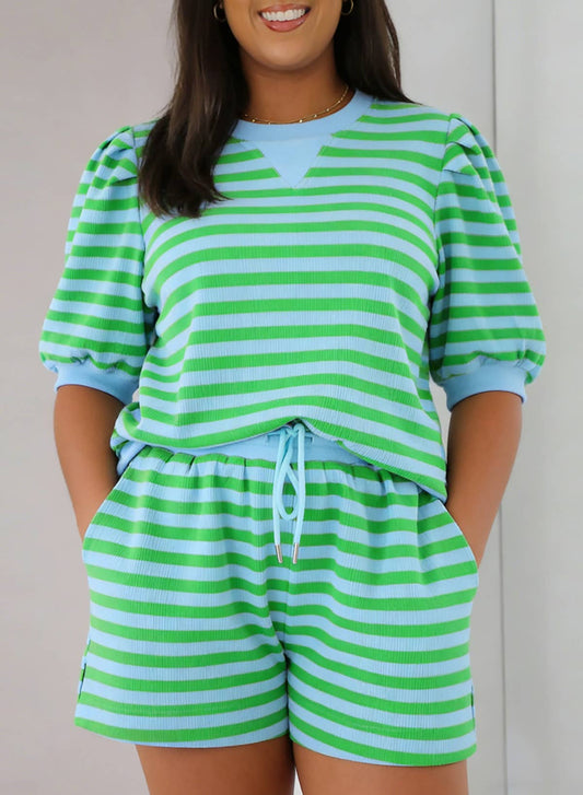 Plus Size Stripe Puff Sleeve Shirt Matching Shorts Set
