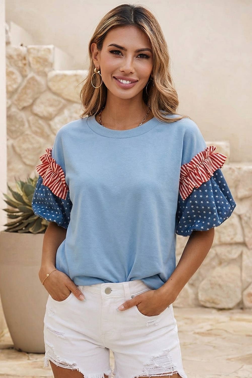 LDC 4th of July Stars Stripes Short Puff Sleeve Top| S-4X
