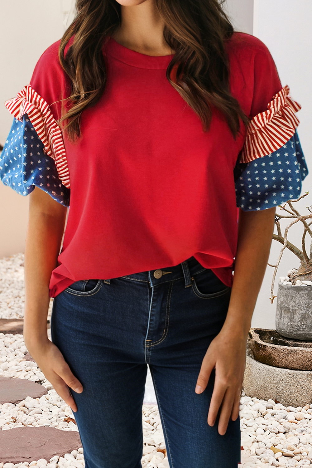 LDC 4th of July Stars Stripes Short Puff Sleeve Top| S-4X