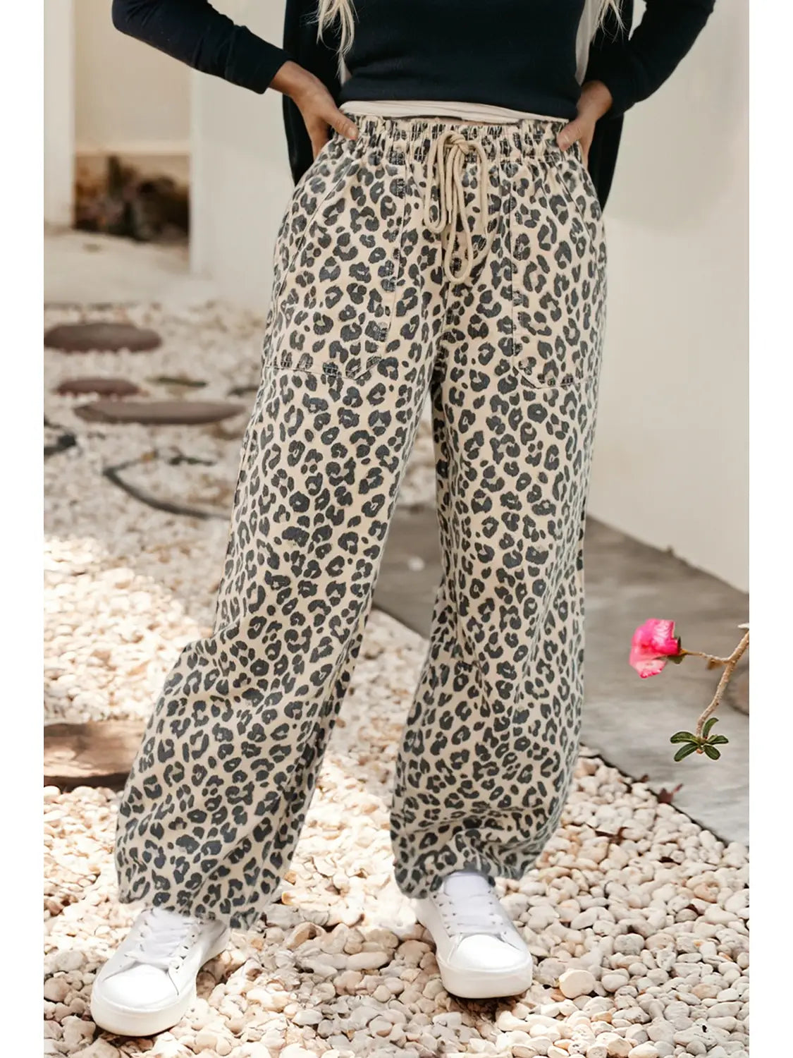 Leopard Drawstring Elastic Waist Pocketed Loose Denim Pants