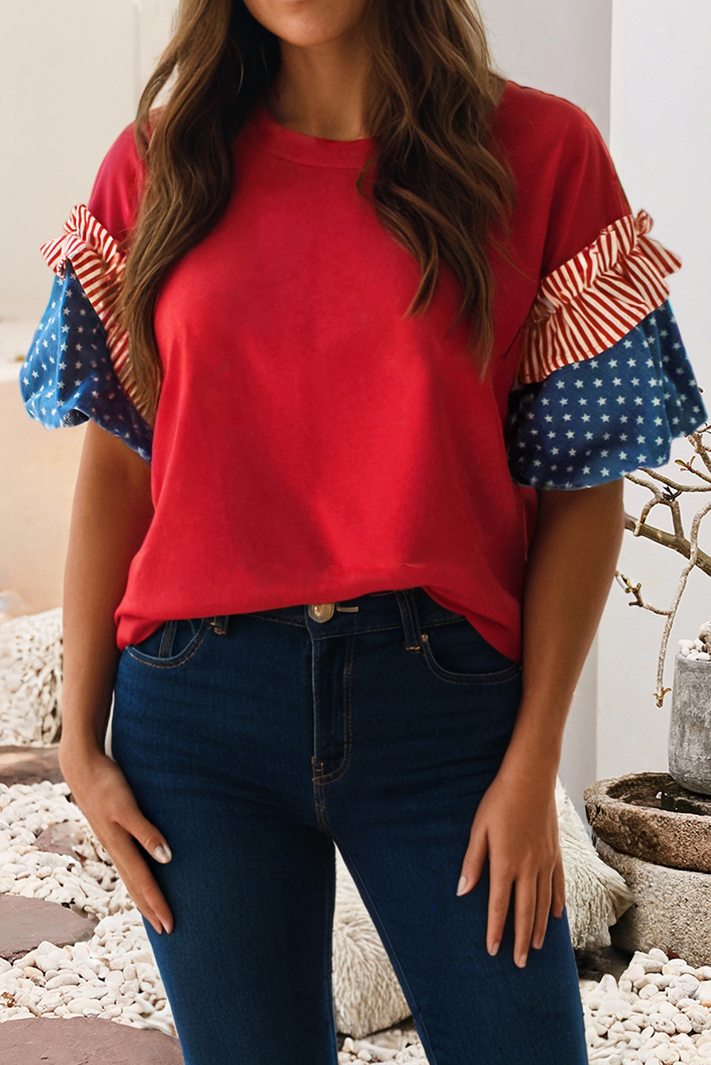 LDC 4th of July Stars Stripes Short Puff Sleeve Top| S-4X