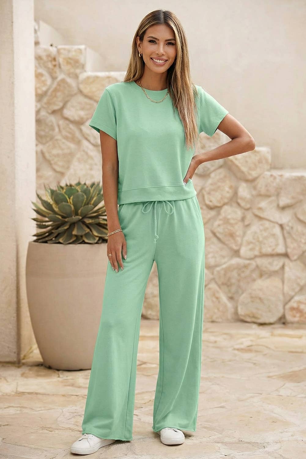 Color Spring Tee Drawstring Wide Leg Pants 2pcs Outfit| S-4X