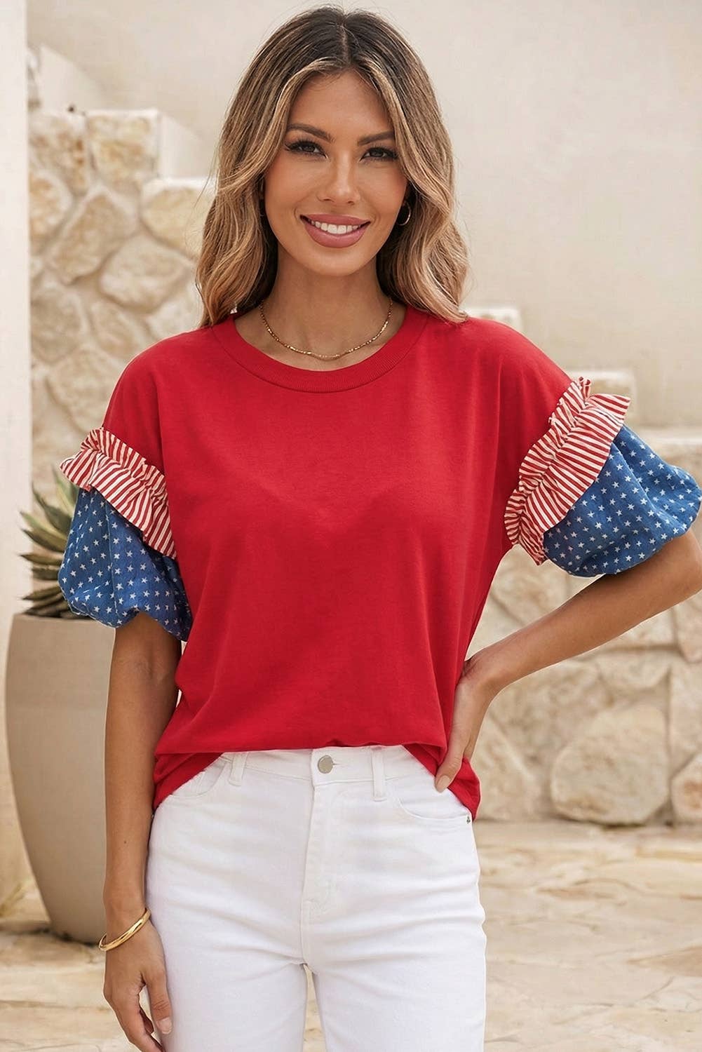 LDC 4th of July Stars Stripes Short Puff Sleeve Top| S-4X