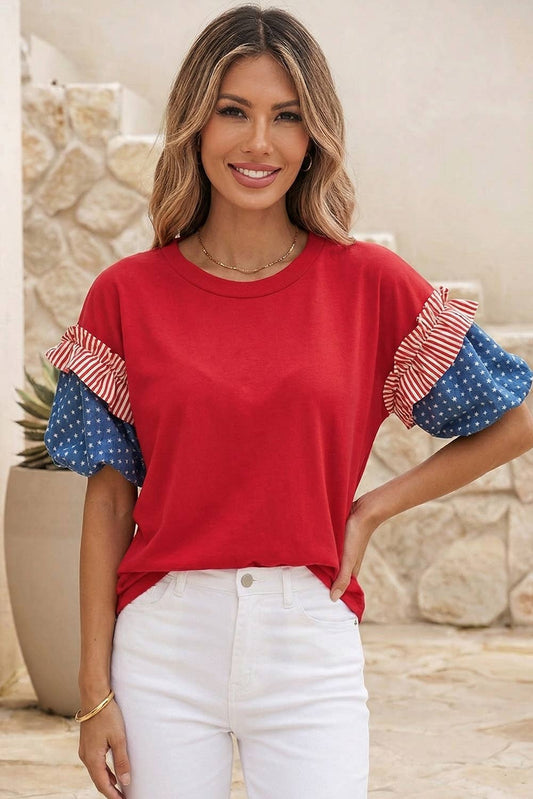 LDC 4th of July Stars Stripes Short Puff Sleeve Top| S-4X