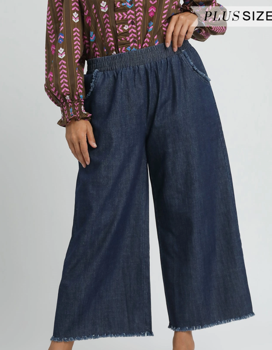 Washed Denim Pants with Fringe Hem
