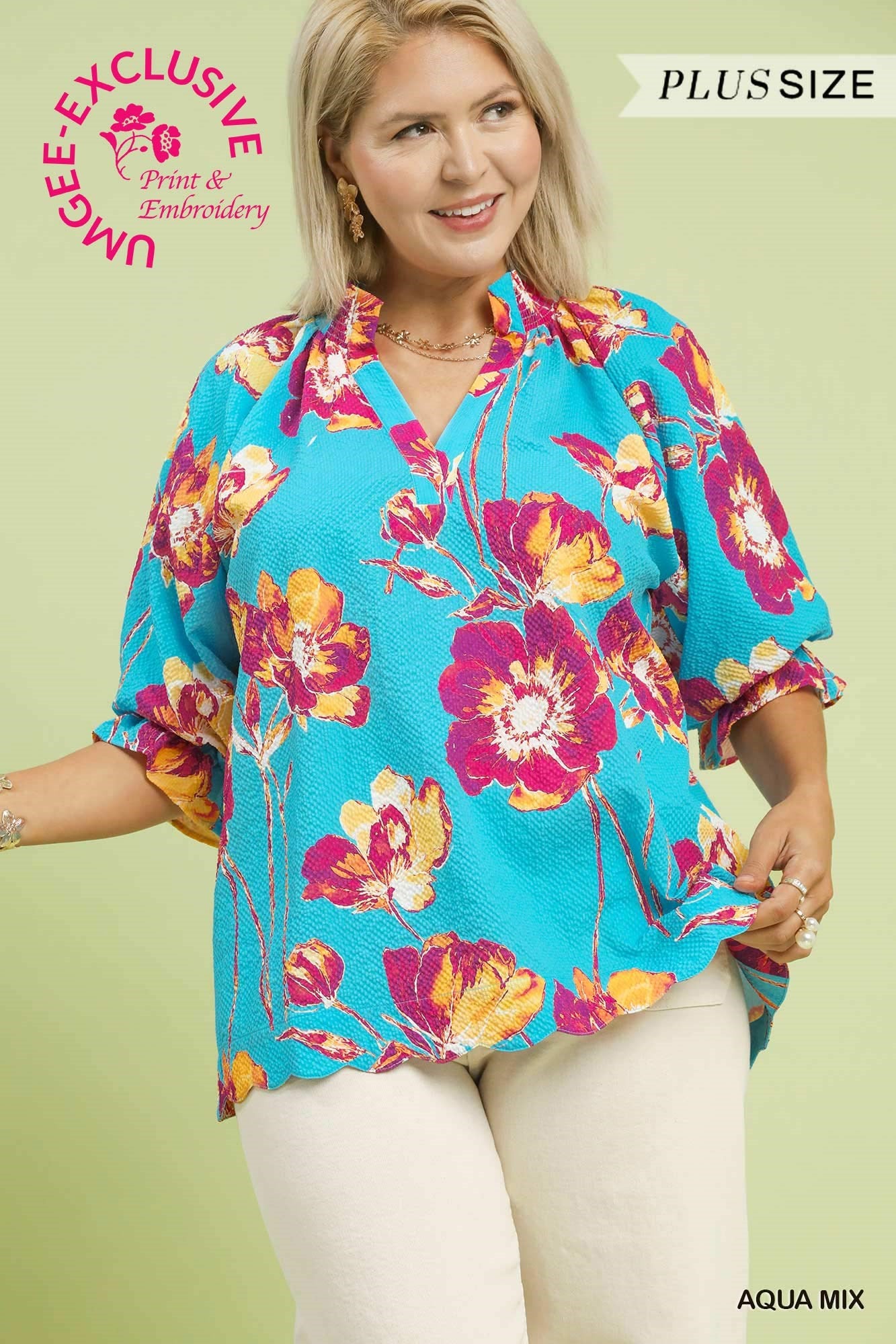 Umgee Aqua Floral Print Top – Plus Size