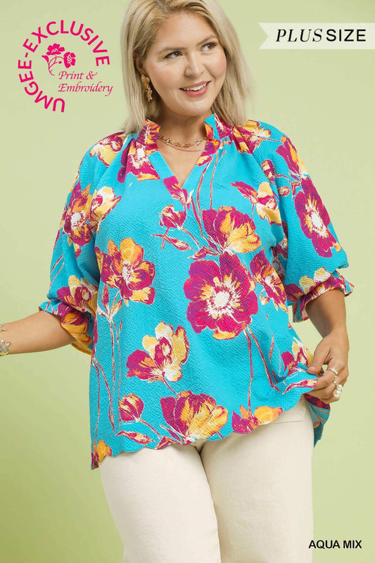 Umgee Aqua Floral Print Top – Plus Size