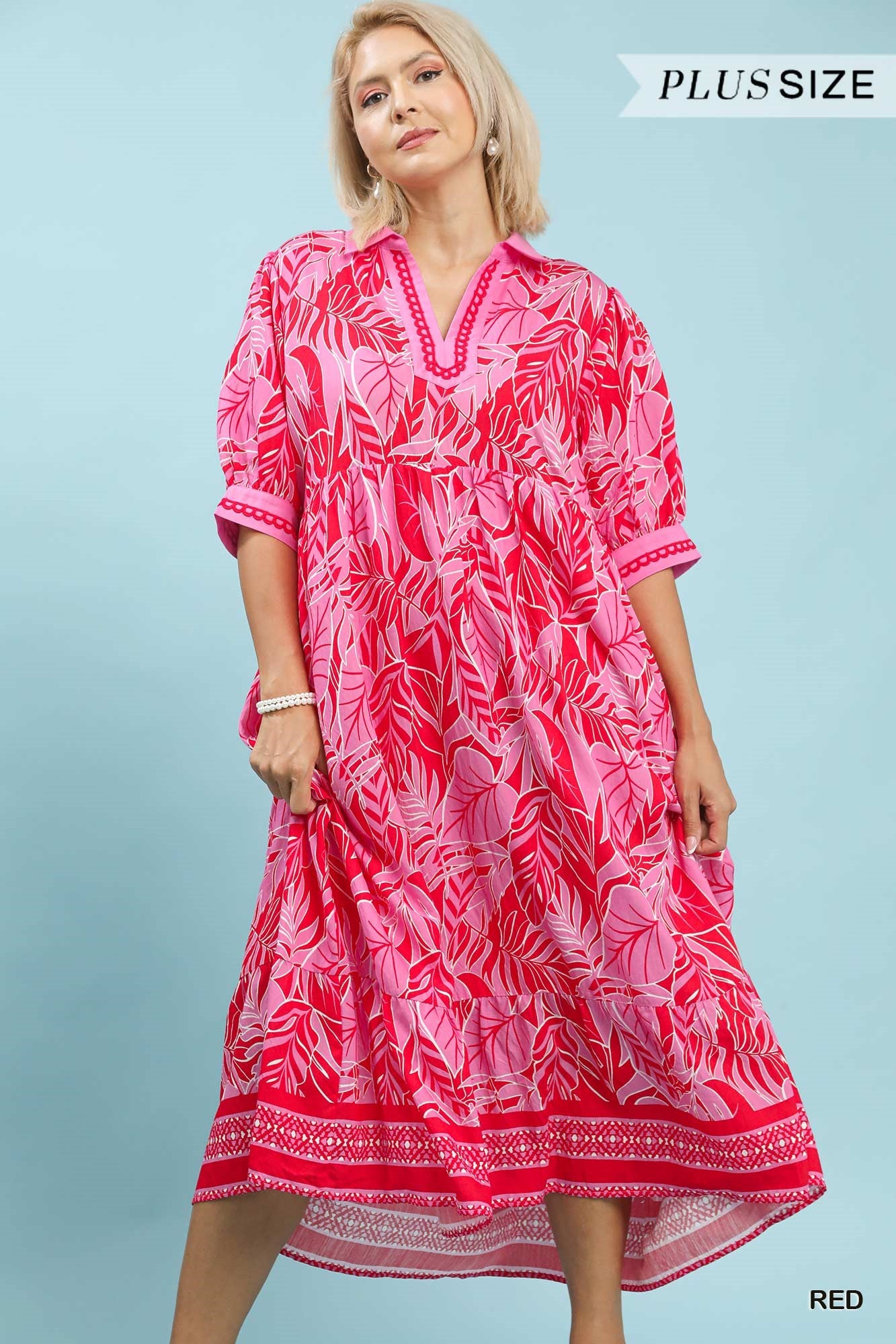 Umgee Leafy Border Print V-Neck Midi Dress RED