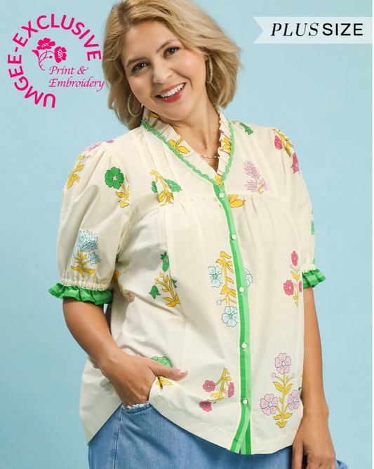 Petal Parade Print Button-Down Blouse