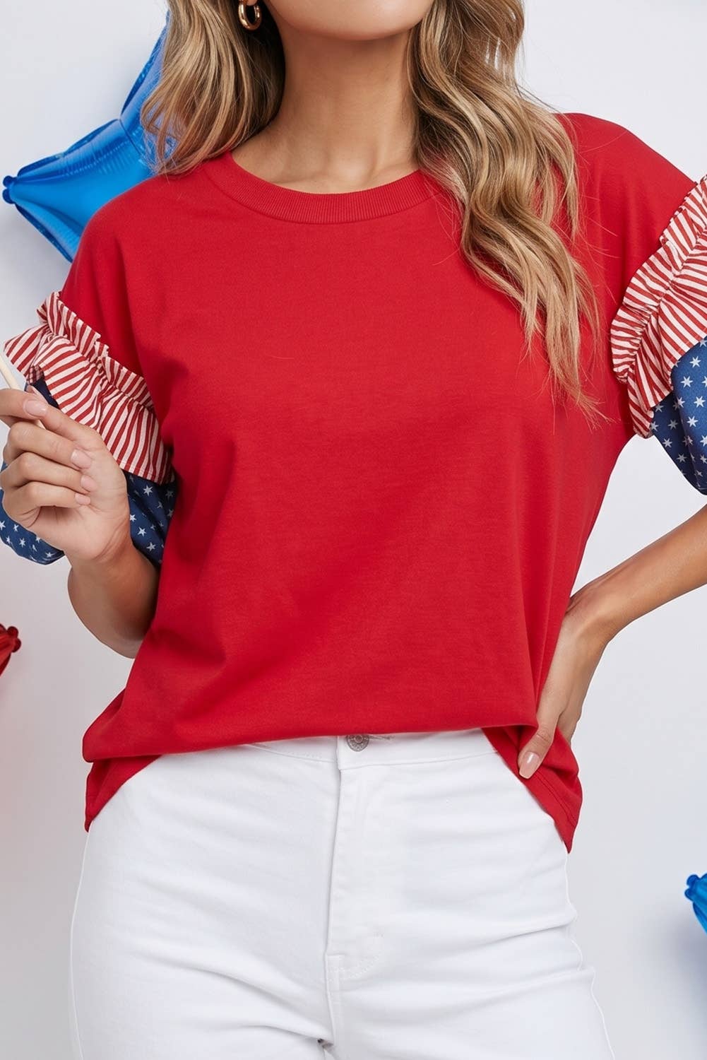 LDC 4th of July Stars Stripes Short Puff Sleeve Top| S-4X