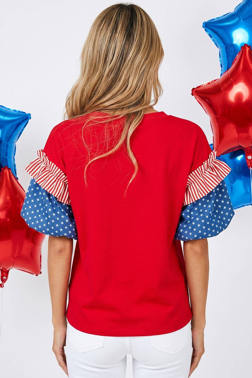 LDC 4th of July Stars Stripes Short Puff Sleeve Top| S-4X