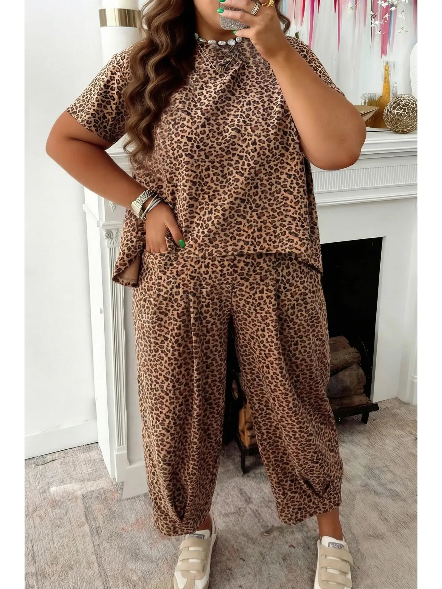 Leopard Loose Tee Drawstring Waist Barrel Pants Set
