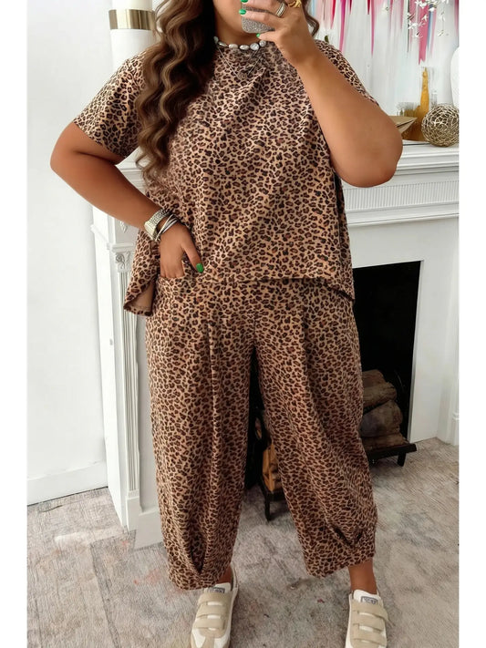 Leopard Loose Tee Drawstring Waist Barrel Pants Set