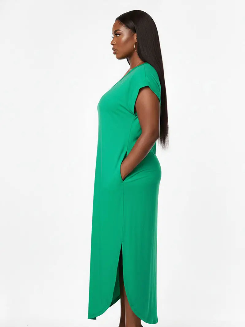 Plus Size Hidden Pocket Batwing Sleeve V Neck Long Dress