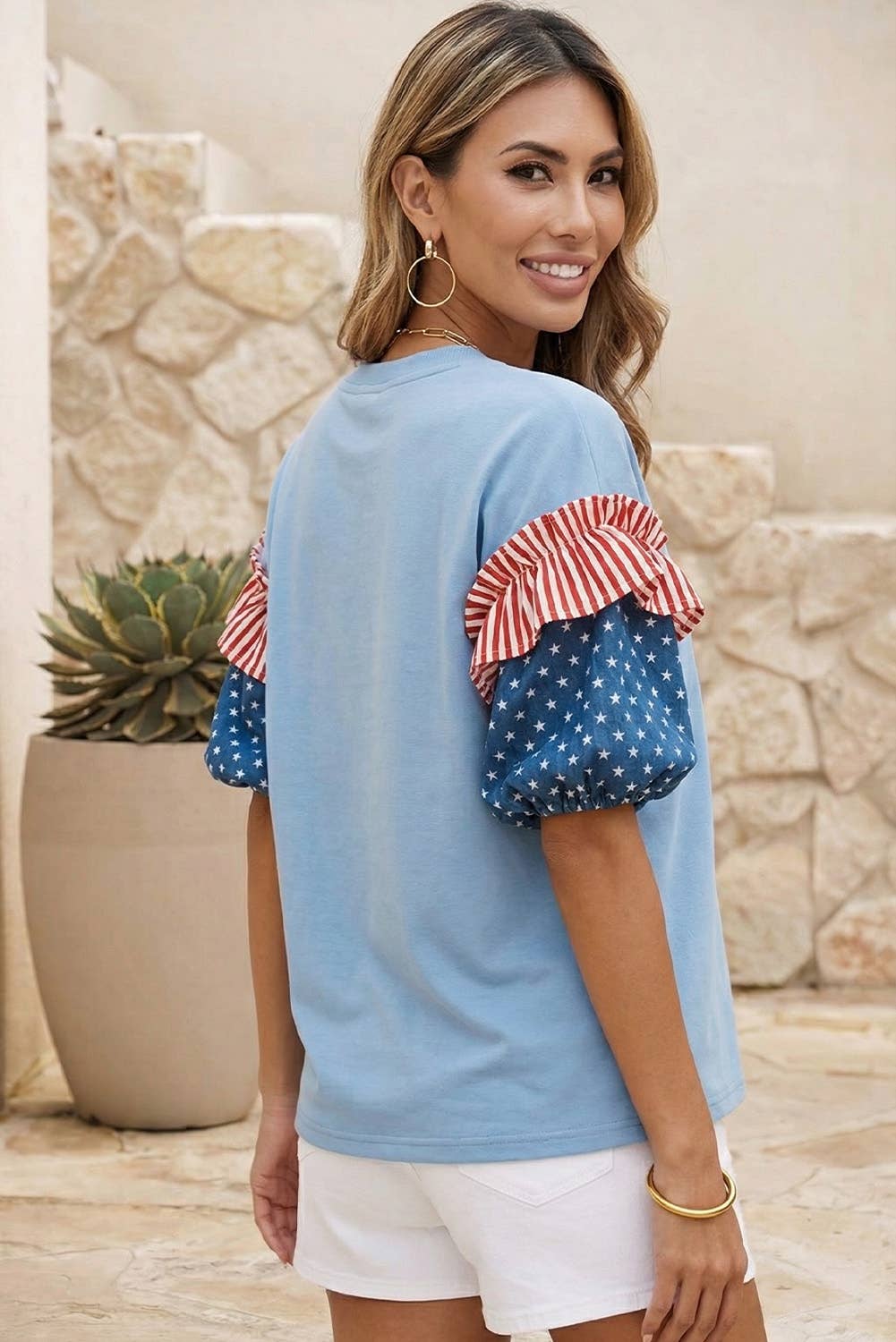 LDC 4th of July Stars Stripes Short Puff Sleeve Top| S-4X