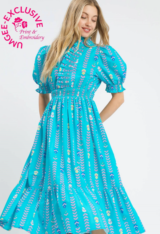 Vibrant Ruffle Smocked Midi Dress Blue Mix